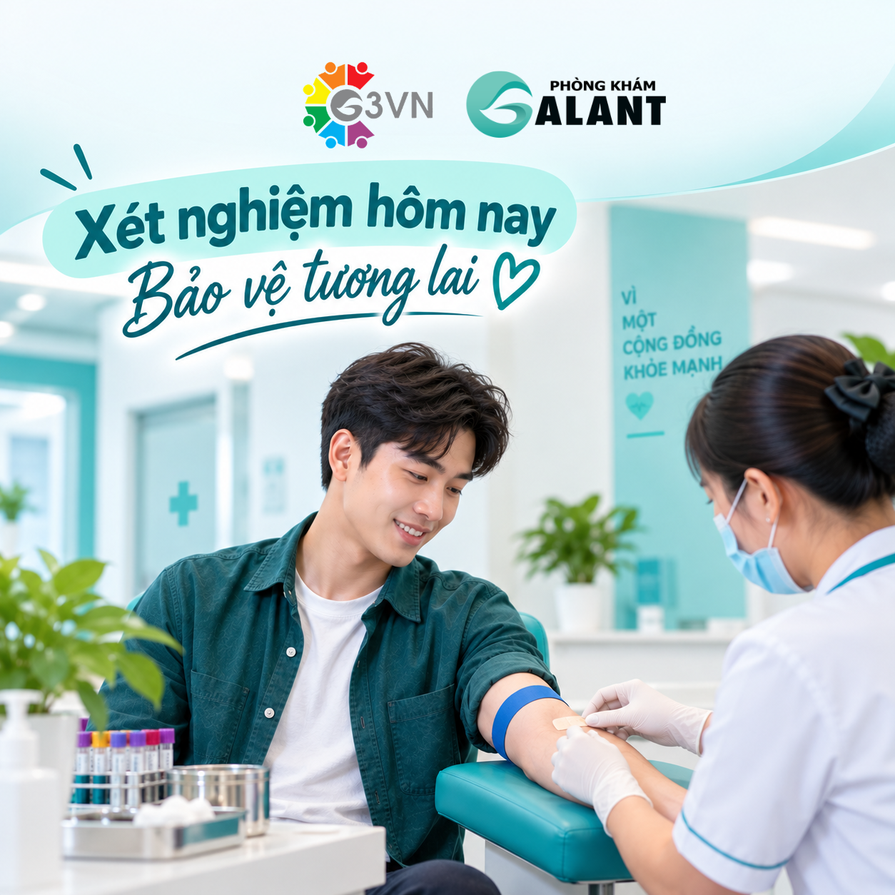 Hình ảnh người bệnh thực hiện lấy máu tại phòng khám với nhân viên y tế, minh họa quy trình xét nghiệm và chăm sóc sức khỏe trong môi trường chuyên nghiệp, thân thiện.3. Hình “Tư vấn điều trị”